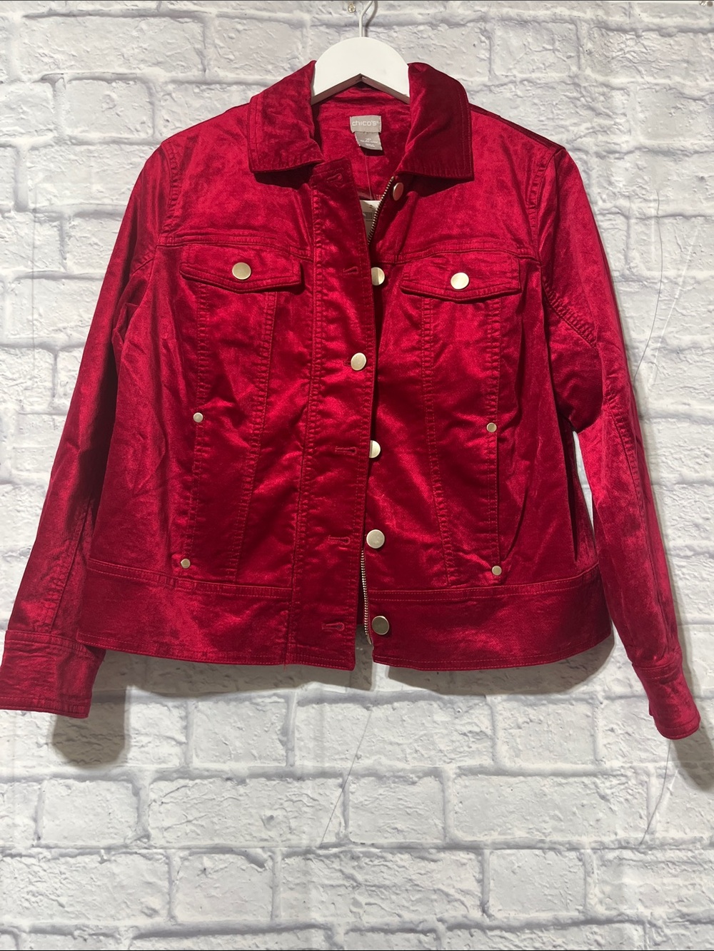 Chico's Vibrant Red Velvet Button-Front Jacket